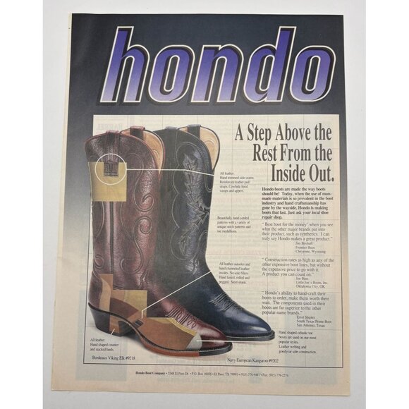 Hondo Boots Vintage Print Ad1990s Western Cowboy Fashion El Paso TX - Picture 7 of 7